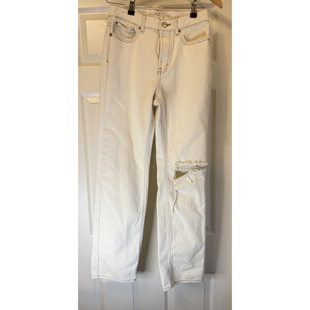 BDG Loose Straight Jeans Womens 25 Cream Distressed Knee High Rise Cotton